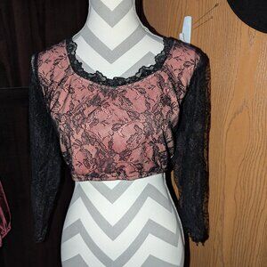 Vixen by Micheline Pitt Black and Pink Lace Crop Top NWT